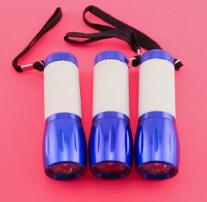 3 Quantity 9 LED Flashlights Blue Anodized Aluminum Rubber Grip Push Button NEW