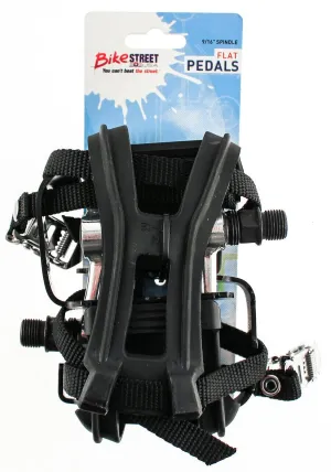 Flat Platform Bike Pedals 9/16" With Med Toe Clips   Straps Black Alloy NEW