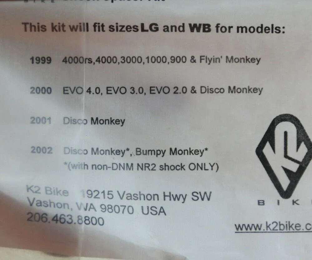 K2 B NOLEEN EVO LARGE To WAY BIG Shock Spacer Kit NEW