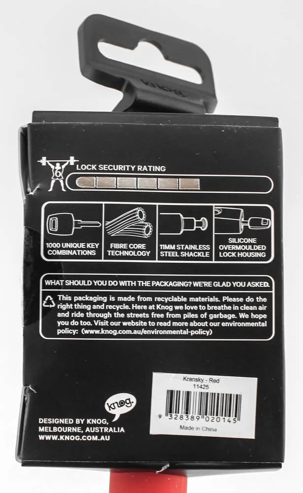 Knog Kransky 880mm Cable Bike Lock With Bracket Red Keyed Silicone Steel New
