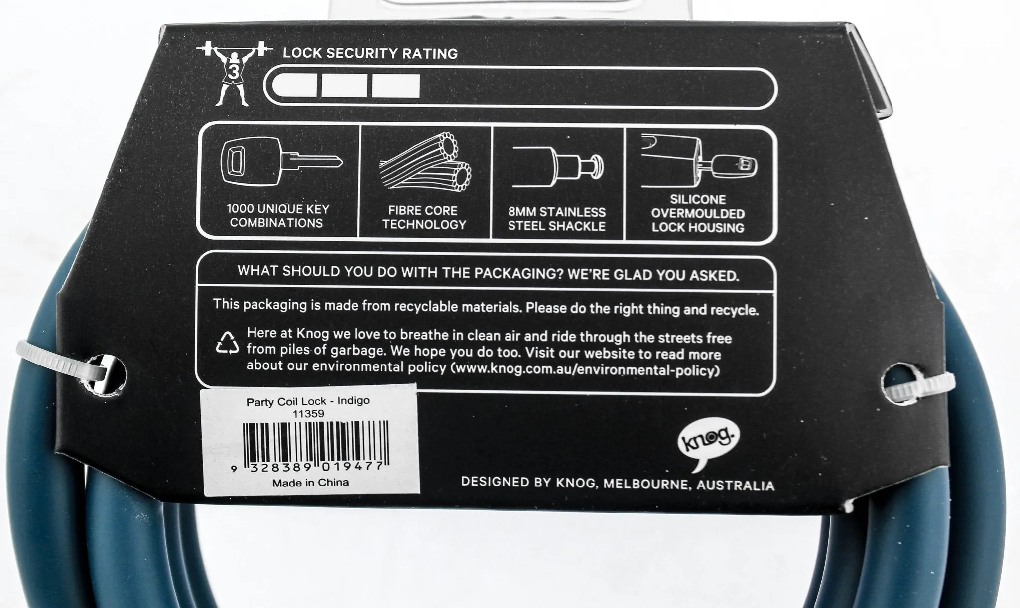 Knog Party Coil 1300mm Coiled Cable Bike Lock 10mm Braided Steel Indigo NEW
